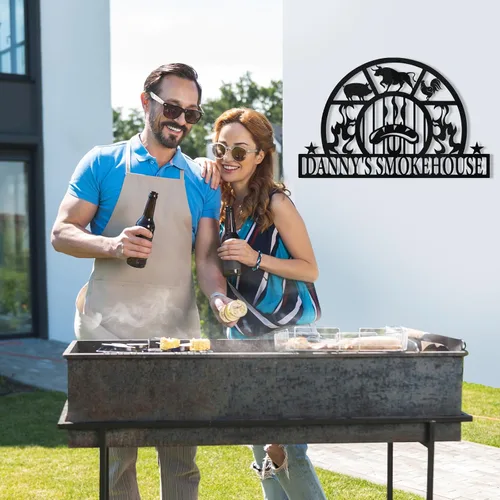 Vista 2 de Letrero de Metal Personalizado con Nombre de BBQ, Letrero de Campamento Personalizado, Letreros de Metal Vintage para Parrilla para Exteriores