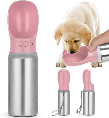 Vista 9 de Botella de agua portátil para perros, 14 onzas, dispensador de agua de acero inoxidable a prueba de fugas para cachorros con alimentador