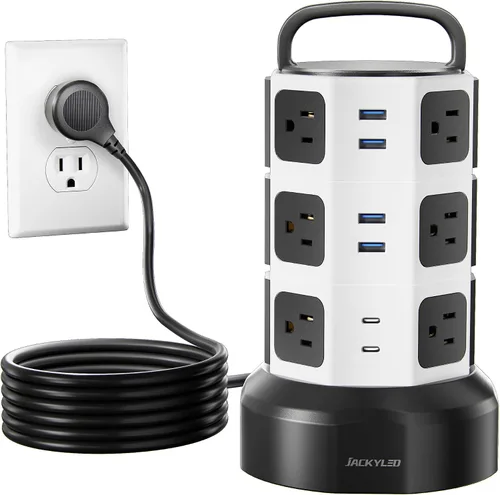 Vista 12 de Regleta de alimentación con protector de sobretensión de torre, JACKYLED 16 tomas 6 USB (2 USB C) estación de carga, cable de extensión con Negro
