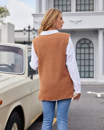 Vista 7 de Fuinloth Chaleco tipo suéter de gran tamaño para mujer, cuello en V, túnica de punto, sin mangas