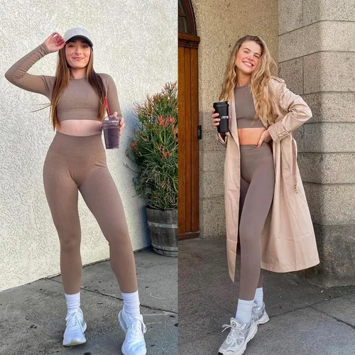 Vista 5 de Jetjoy Exercise Outfits for Women 2 Pieces Ribbed Seamless Yoga Outfits Sports Bra and Leggings Set Tracksuits 2 Piece