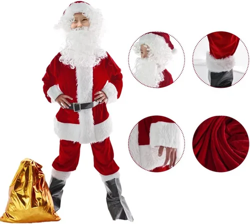 Vista 2 de Disfraz de Papá Noel para niños, disfraz de Papá Noel para niños de 6 años en adelante, 9 unidades, color rojo