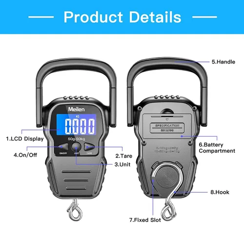 Vista 3 de Escala de peces báscula de equipaje de 110 libras1102lbs con pantalla LCD retroiluminada báscula de pesca digital con cinta métrica báscula portátil