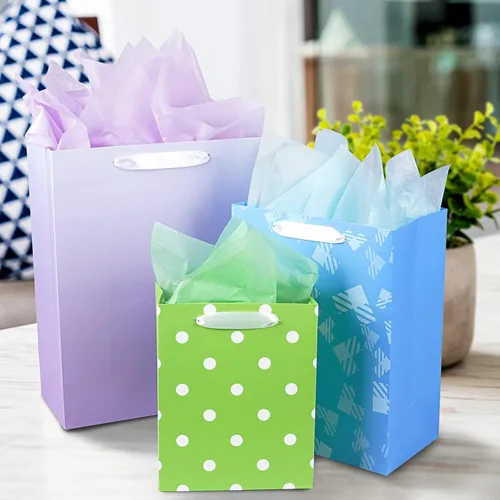 Vista 3 de Paquete de 12 bolsas de regalo de varios tamaños y diseños, bolsas de regalo a granel con papel de seda