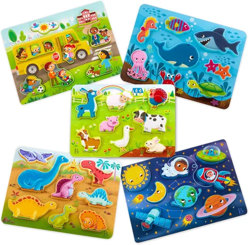 Vista 15 de B. toys Peek & Explore Wooden Chunky Puzzles, Farm Sea Dinos 3-Pack, 3 Pack
