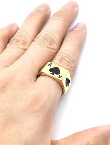 Vista 5 de JAJAFOOK Anillo de acero inoxidable para hombres y mujeres, diseño de espada de póquer, plata y negro, tallas 6-14 Pala Ace Oro Negro