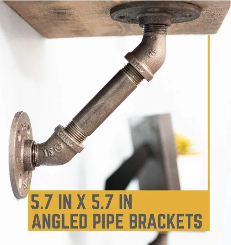 Vista 6 de Soportes de estante angulares industriales rústicos – Juego de cuatro soportes de doble brida de tubo de 4 pulgadas, accesorios de metal de hierro