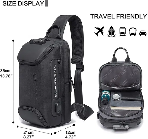 Vista 4 de Mochila tipo bandolera para hombre, bolsa de hombro impermeable con puerto USB