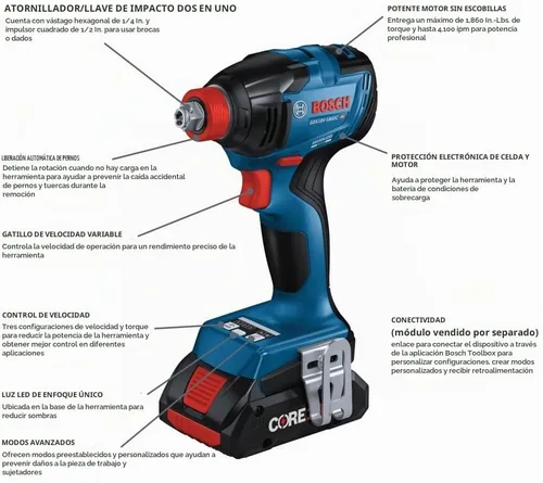 Vista 2 de Bosch GXL18V-227B25 Kit combinado de 2 herramientas de 18 V con llave de impacto/llave conectada dos en uno dos en uno de 1/4 de pulgada y broca