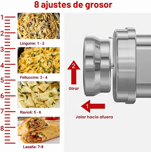Vista 4 de Accesorio de metal para hacer pasta KitchenAid, accesorio de pasta 3 en 1 para batidora de pie, accesorio de rodillo de pasta ajustable de 8