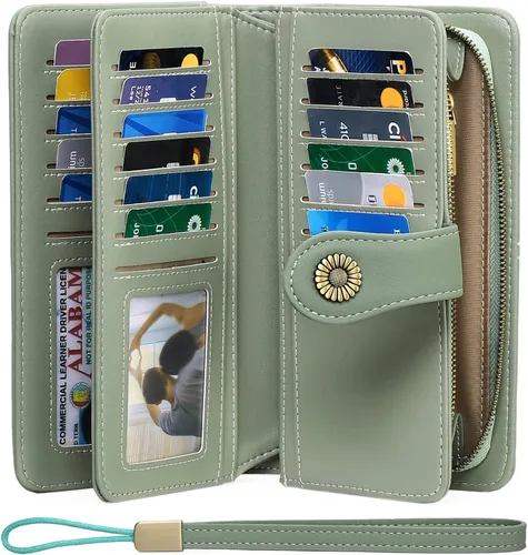 Vista 2 de FALAN MULE Cartera de cuero para mujer, de gran capacidad, bifold, con bloqueo RFID, tarjetero con bolsillo para monedas con cremallera