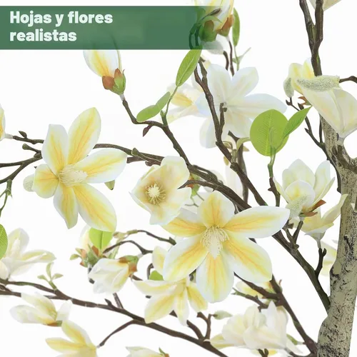 Vista 3 de Árbol de magnolia artificial de 4 pies para habitación, planta sintética Beige y amarillo