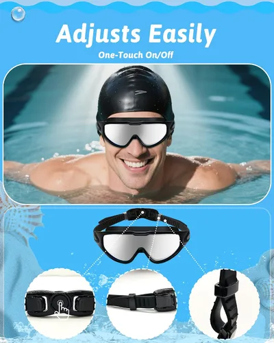 Vista 5 de Gafas de natación antivaho anti UV, visión amplia y sin fugas, gafas de natación y gorro de natación para hombres, mujeres, adultos y jóvenes