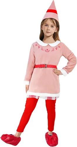 Vista 2 de RTOPDS Disfraz de elfo para niños y niñas, traje de elfo rosa con sombrero para Halloween, Navidad, fiestas de disfraces y cosplay