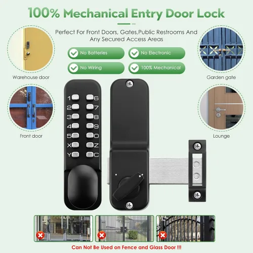 Vista 5 de Cerradura de perilla de puerta de entrada con teclado mecánico sin llave con perno, combinación de código de acceso de un solo lado, cerradura