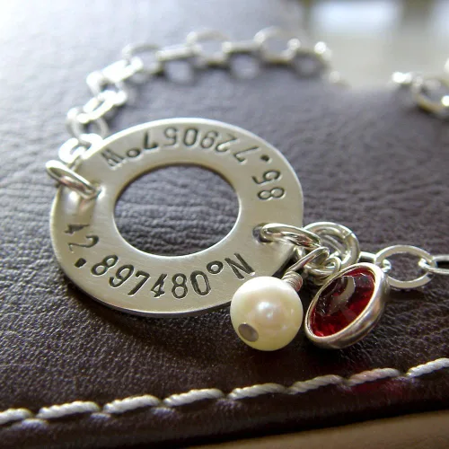 Vista 4 de Longitude Latitude Washer Bracelet - Personalized GPS Coordinates - Hand Stamped Genuine Sterling Silver - Stamped on Both Sides