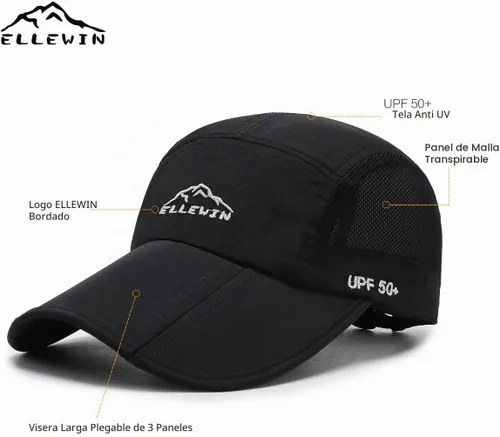 Vista 4 de Gorra de béisbol unisex UPF 50 sin estructura con visera larga y grande plegable Negro L