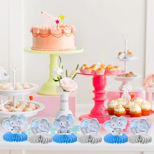 Vista 6 de ZHUOWEISM 6 piezas de centro de mesa de panal de elefante azul para It's a Boy Elephant Theme Reveal Género Reveal Baby Shower Niños Niños Fiesta