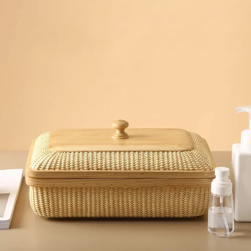 Vista 10 de Nantucket - Cesta de ratán y madera maciza, decoración del hogar para sala de estar, cesta de almacenamiento moderna, caja de joyería cuadrada Kit