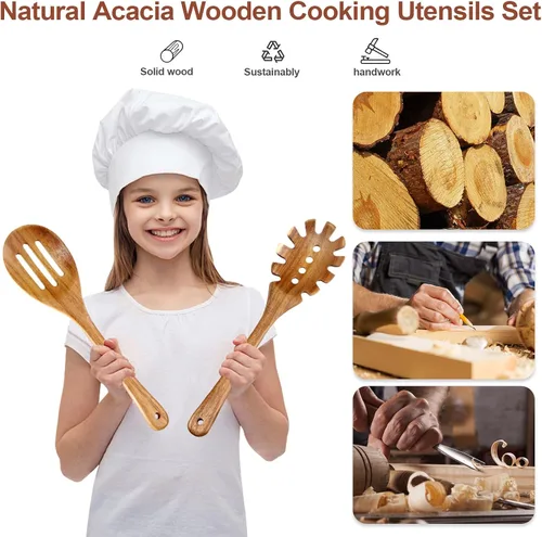 Vista 15 de Utensilios de cocina de madera, 6 piezas de cucharas de madera de acacia natural para cocinar con diseño antiadherente y resistente al calor, juego