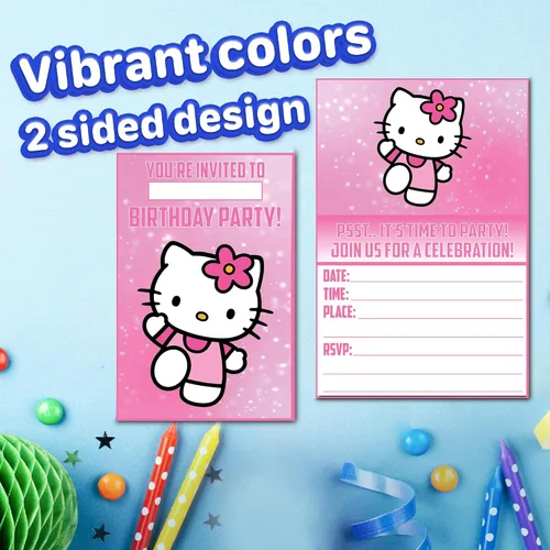 Vista 4 de Juego de 20 lindas tarjetas de invitación de cumpleaños con diseño de gatitos rosas y sobres – Ligeras (240g), invitaciones estilo postal
