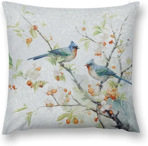 Vista 9 de Fundas de almohada decorativas de terciopelo de doble cara de 18 x 18 pulgadas, diseño de ramas de pájaros, para dormitorio, sala de estar