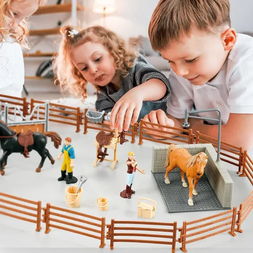 Vista 3 de Peagrav - Juego de establo para caballos con jinete, área de lavado, valla y figuras de animales, regalos para niñas y niños de 3 a 8 años