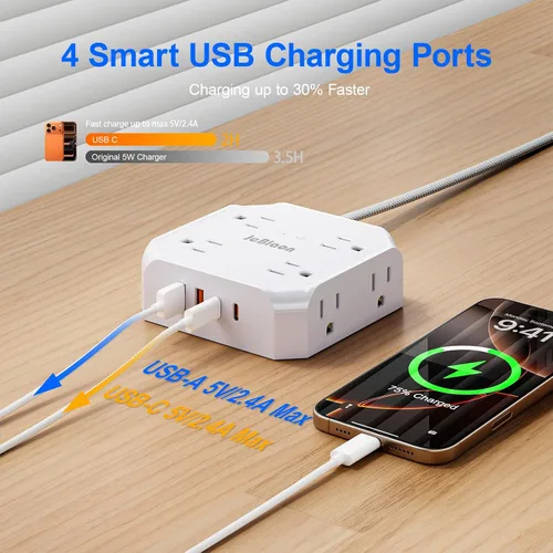 Vista 4 de Protección contra sobretensiones y regleta de enchufes, 8 tomas con 4 puertos USB (2 USB C), extensor de enchufes de 4 lados de 1050J con cable