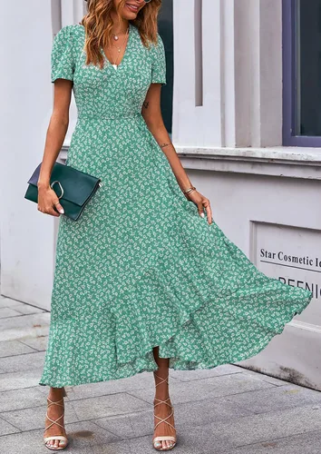 Vista 8 de PRETTYGARDEN - Vestido largo de verano cruzado para mujer, con cuello en V, estilo bohemio, floral, manga corta, dobladillo con volantes