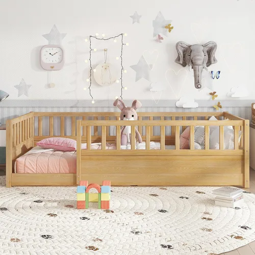Vista 3 de Bellemave Marco de cama Montessori para niños de tamaño individual con Cerca alta natural
