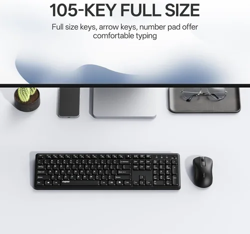 Vista 2 de Rapoo X2100 Combo de teclado y mouse inalámbricos silenciosos, receptor USB de 2.4GHz, 12 teclas multimedia, a prueba de derrames, tamaño completo
