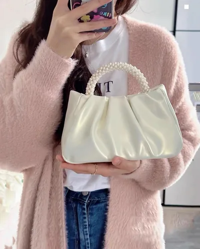 Vista 2 de Beatfull Bolso de noche para mujer, bolso de mano pequeño con perlas de cuero suave, bolso fruncido para boda, novia, fiesta, baile de graduación