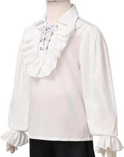 Vista 4 de GRACEART Camisa de pirata medieval para niños, camisa renacentista con volantes, jacobita escocés, Ghillie, color blanco, 2T a 16 años