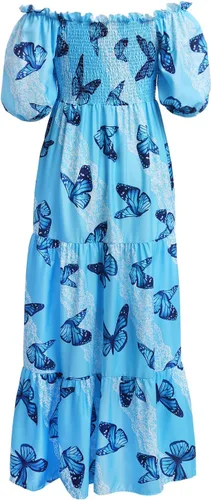 Vista 3 de Vestido largo floral con hombros descubiertos para mujer, estilo bohemio, manga corta, fruncido, fruncido, de verano, casual, para fiesta
