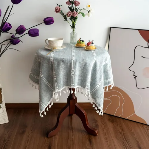 Vista 12 de Gernaice Mantel bordado de rayas rústicas con borlas cuadradas y pequeñas de algodón y lino, sin arrugas, lavable, para mesita de noche, café, Marrón