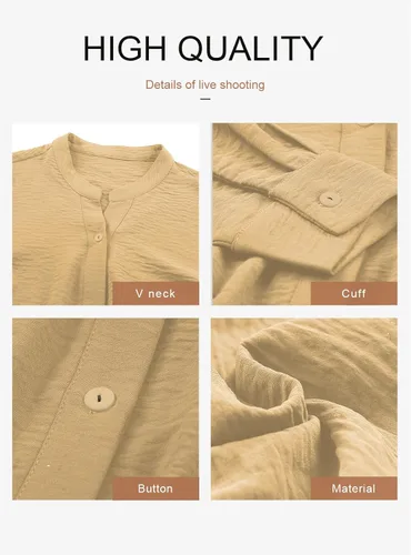 Vista 4 de Dokotoo Camisas de manga larga con botones para mujer, cuello en V, péplum, con lazo en la cintura, blusas casuales de trabajo