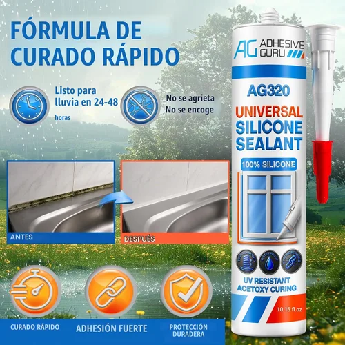 Vista 5 de Adhesive Guru Sellador de Silicona Transparente Multiusos Impermeable 10.15 fl.oz (onzas líquidas), Masilla de Silicona 100%, Sellador Adhesivo