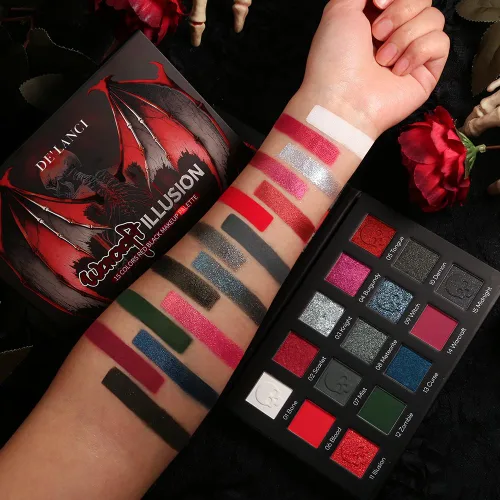 Vista 6 de Paleta de sombras de ojos roja y negra, maquillaje gótico rojo de Halloween Paleta de sombras de ojos negra con brillo plateado y purpurina, crema