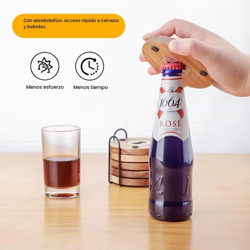 Vista 2 de WLWNWFT Posavasos de madera para bebidas con soporte para abridor de botellas, juego de 6, posavasos de madera de acacia para mesa de café, mesa