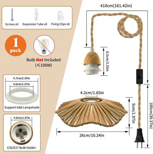 Vista 2 de Kit de cable de luz colgante de cuerda de cáñamo rústica, luces colgantes de granja de 16.7 pies con cable de enchufe, lámpara colgante bohemia