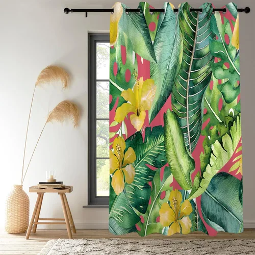 Vista 3 de Renaiss Cortinas de plantas tropicales, hojas de palma verdes y flores amarillas, cortinas opacas con ojales en la parte superior, 45 pulgadas