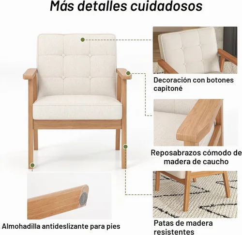 Vista 8 de Silla decorativa de lino beige, sillón copetudo con marco de madera