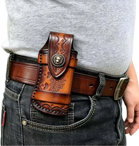 Vista 2 de Funda de Cuero Genuino para Cuchillo de Bolsillo de 4.25'', Funda con Broche de Transporte Horizontal para Leatherman Wave, Bolsa de Cuero de Grano