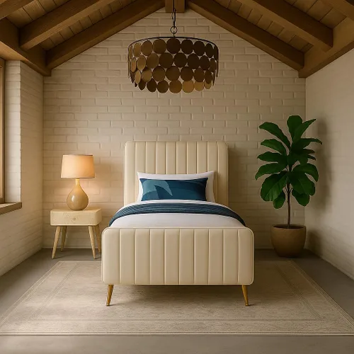 Vista 2 de Meridian Furniture Colección moderna Zara Cama tapizada de terciopelo contemporáneo con acolchonamiento de canal profundo y patas doradas a Crema