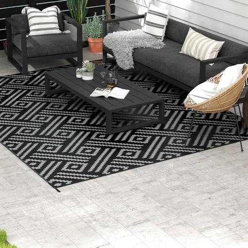Vista 24 de Outsunny Alfombra de exterior para patio impermeable 9' x 18' rombo negro y Borde rombo negro y gris
