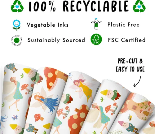 Vista 3 de CENTRAL 23 Papel de regalo de hongos – 6 hojas de papel de regalo ecológico – Papel de regalo para todas las ocasiones – Hada – Flores – Enano