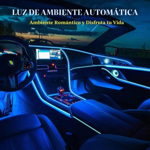 Vista 4 de Luces de cable EL para el interior del coche, luz de panel azul neón de 16 pies/5 m, tira de luz LED para coche, USB 5V, decoración
