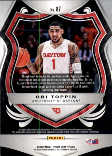 Vista 2 de 2020-21 Panini Prizm Draft Picks #87 Obi Toppin Dayton Flyers Basketball Card