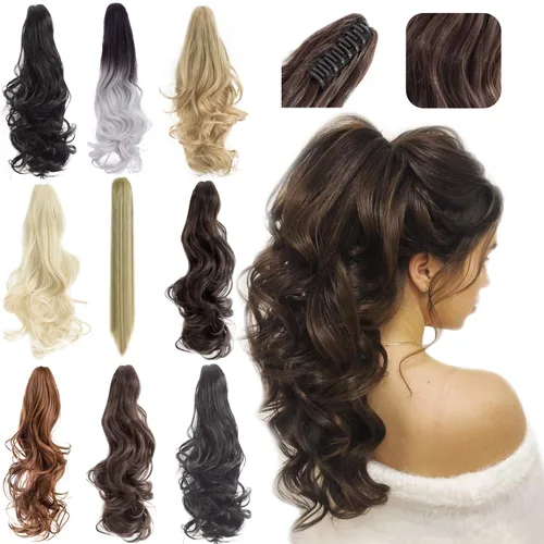 Vista 18 de Felendy Extensión de cola de caballo de 18 pulgadas, mezcla de rubio ceniza, marrón oscuro, rizado, ondulado, con clip, extensiones de cabello largo