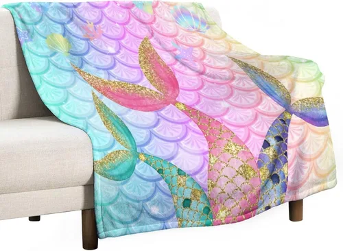 Vista 29 de Manta de cola de pez de sirena rosa con estampado de fondo de sirena para niña, 30 x 40 pulgadas
